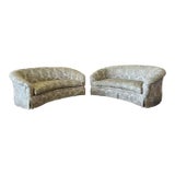Pair Drexel Heritage Curved Back Sofas in Acorn Motif Upholstery For Sale