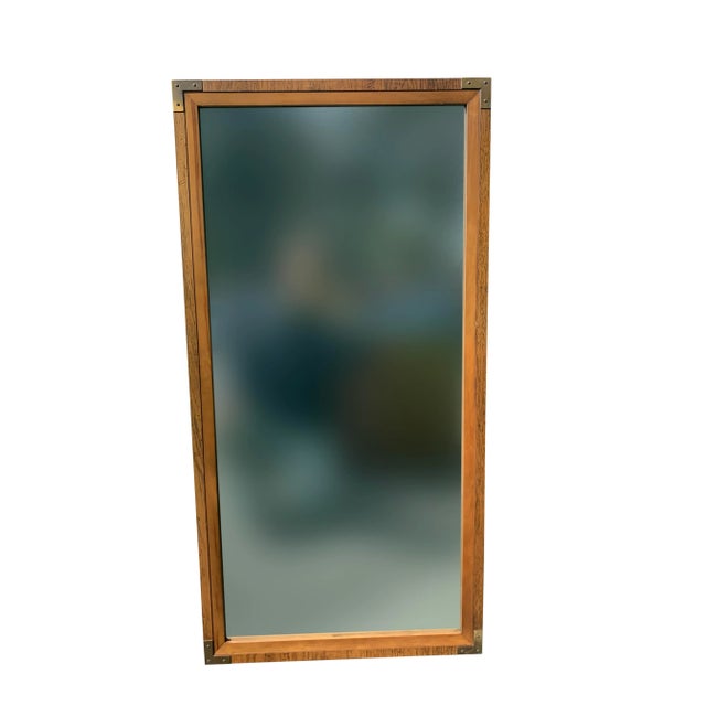 Bernhardt Campaign Mirror in Brass and Wood Nice Vintage Mirror Can be hung either way. Please note there are no brackets...
