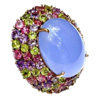 Bochic "Orient" Vintage Chalcedony & Multi Gem Cocktail Ring - 18K Gold & Silver For Sale