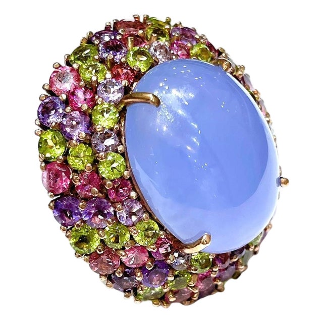 Bochic "Orient" Vintage Chalcedony & Multi Gem Cocktail Ring - 18K Gold & Silver For Sale