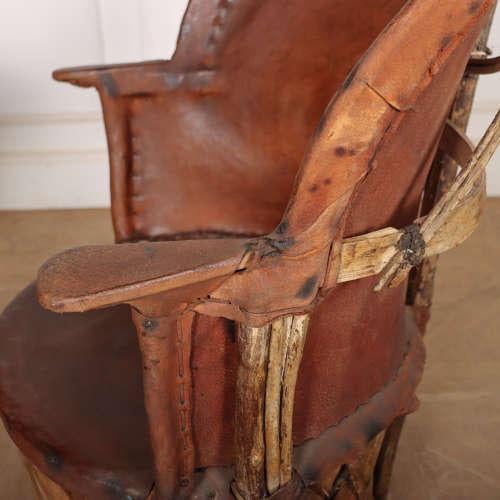 Set of Spanish Leather and Willow Armchair and Table, 1920s For Sale - Image 10 of 12