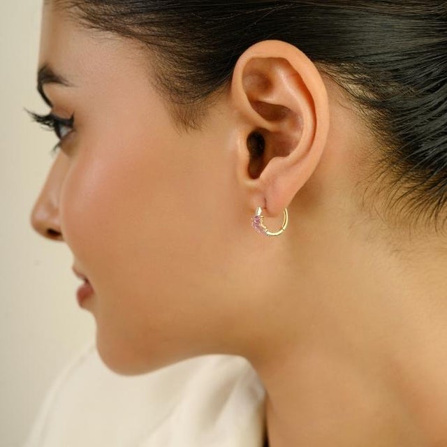 14k Yellow Gold Pink Sapphire & Diamond Baguette Huggie Hoop Earrings for Gift- 2 Pieces For Sale In New York - Image 6 of 12