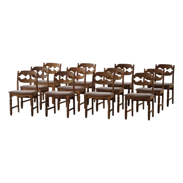 Razorblade Dining Chairs in Oak and Mohair by Henning Kjærnulf, 1960s, Set of 12 For Sale