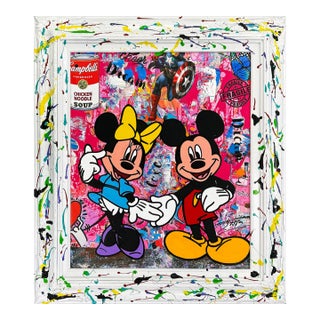 Jozza, Unconditional Love, Unique Mixed Media Canvas With Painted Frame, Mickey Minnie For Sale