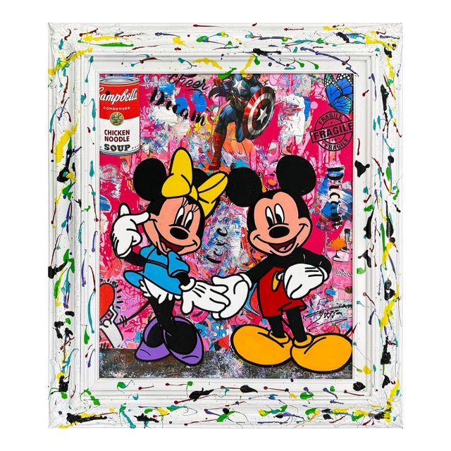 Jozza, Unconditional Love, Unique Mixed Media Canvas With Painted Frame, Mickey Minnie For Sale