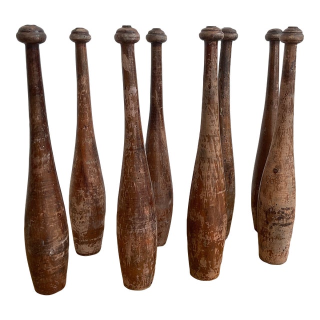 Antique Hand Carved Indian Club Pins & Exercise Weights - Set of 8 For Sale
