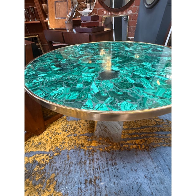 1990s Contemporary Round Malachite Stone Top Dining Table With Solid Brass Base For Sale - Image 5 of 8
