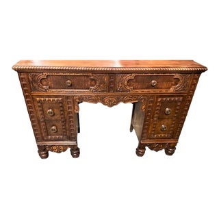 Antique Bassett Spanish Revival Vanity or Writing Desk in Walnut, Oak and Burlwood - Circa 1910 For Sale