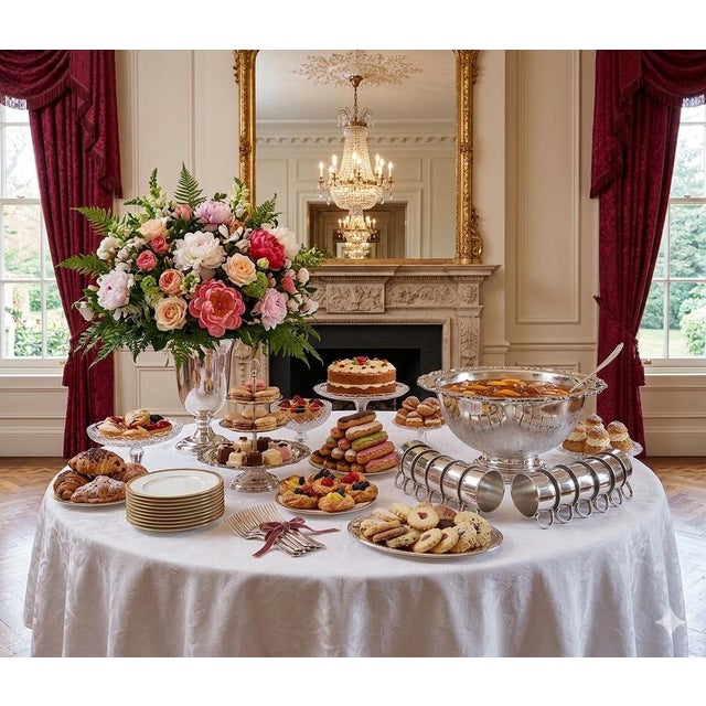 A classic vintage Oneida silverplate punch bowl set featuring a generous 15-inch footed bowl, twelve matching Oneida-...