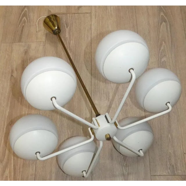 Chandelier in White Metal and Brass with 6 Opal Glass Domes, 1960s For Sale - Image 6 of 9