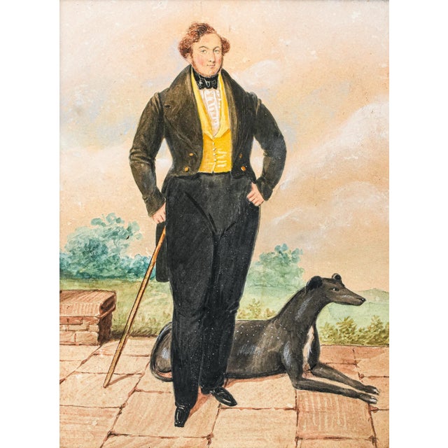 English Amazing Antique English School Portrait Gouache Watercolor Painting of Aristocratic Man With Dog Framed Wall Decor For Sale - Image 3 of 15