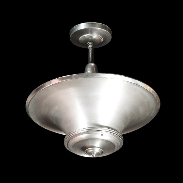 1930s Art Deco Machine Age Brushed Aluminum Pendant Chandelier Signed Edwin Guff For Sale - Image 13 of 14