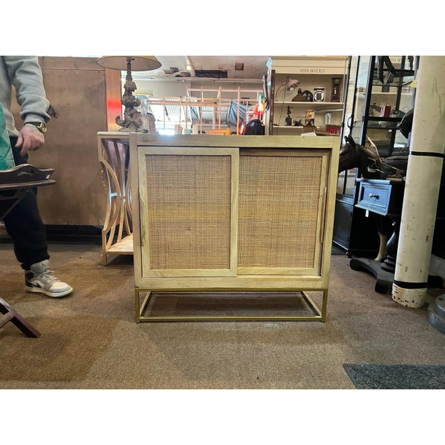 Wood Natural Wood & Rattan Sliding Door Cabinet With Brass Base For Sale - Image 7 of 8