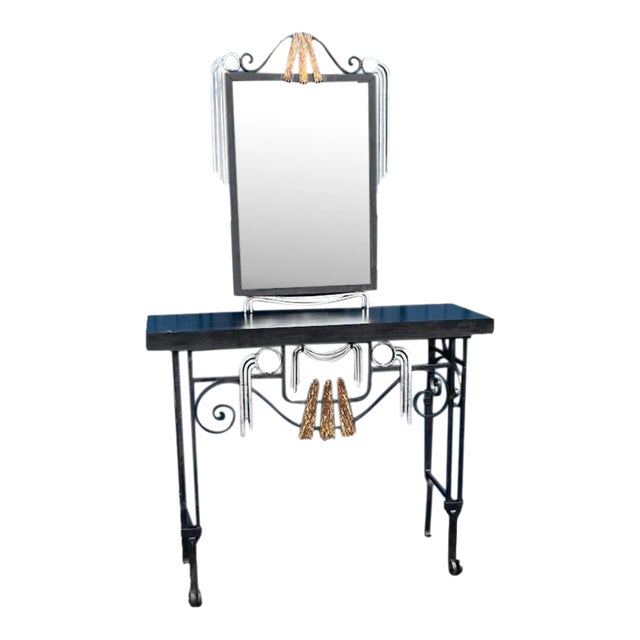 1920s Deco Wrought Iron Console With Matching Mirror - 2 Pieces For Sale