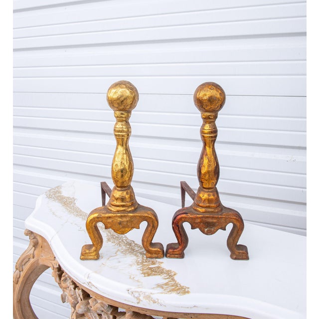 Cast Iron Fireplace Andirons With Gold Enamel From the 1920's, Pair For Sale - Image 9 of 10