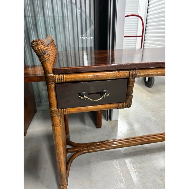 Paul Frankl Paul Frankl Styled Stacked Rattan Bamboo Desk. Vintage, Refurbished, Mahogany Desk or Entry Table. For Sale - Image 4 of 9