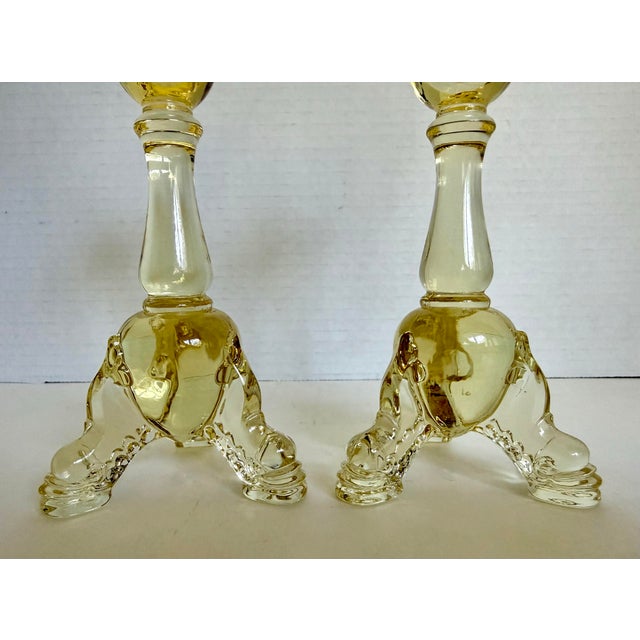 Art Deco Pair of Depression Era Heisey Empress Sahara Yellow Glass Dolphin-Toe Candlesticks For Sale - Image 3 of 11