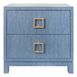 Matthew Izzo Home Cole Light Blue Dyed Grasscloth Two Drawer Side Table/Nightstand With Glass Top and Large Satin Brass Square Hardware For Sale