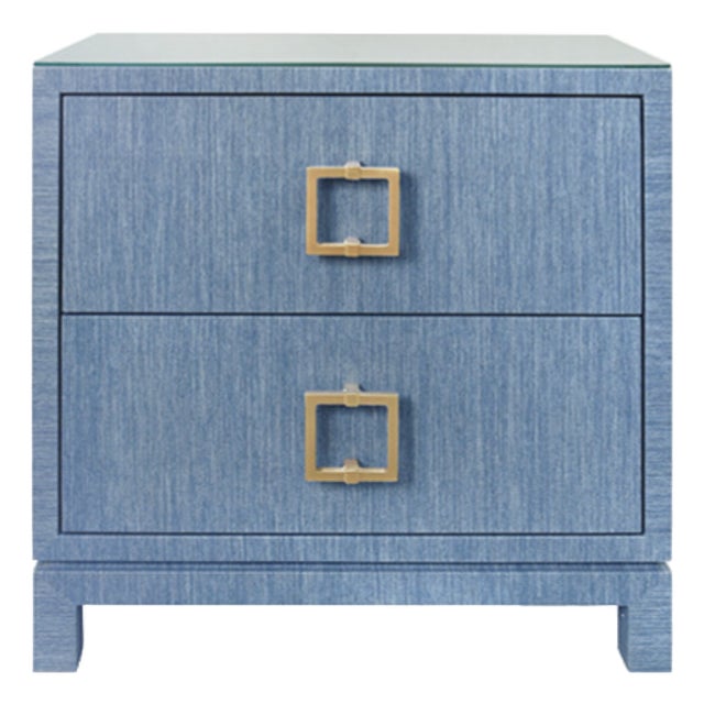 Matthew Izzo Home Cole Light Blue Dyed Grasscloth Two Drawer Side Table/Nightstand With Glass Top and Large Satin Brass Square Hardware For Sale