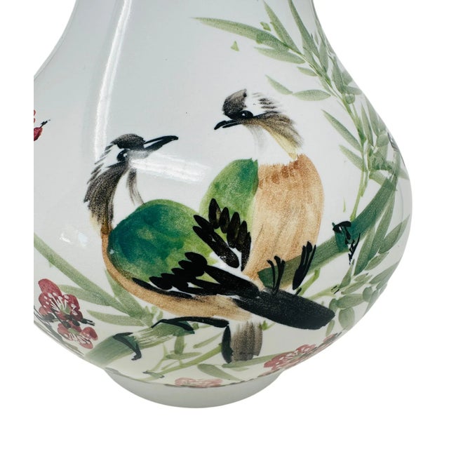 1970s Vintage Hand-Painted Famille Rose Porcelain Vase With Bird , Floral, and Bamboo Motif, Made in Taiwan For Sale - Image 5 of 12