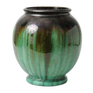 Antique Green Glazed Ceramic Vase from Faiencerie Thulin For Sale