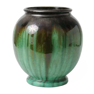 Antique Green Glazed Ceramic Vase from Faiencerie Thulin