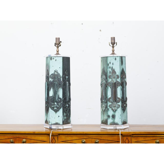 19th Century French Copper Table Lamps with Verdigris Patina - Pair For Sale - Image 4 of 10