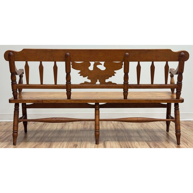 Vintage Cushman Carved Wood Colonial Farmhouse Bench For Sale In Kansas City - Image 6 of 9