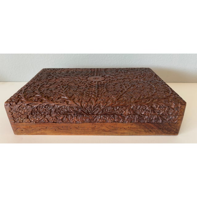 Antique Anglo-Indian Kashmir Hand-Carved Wood Jewelry Box Velvet Lined 1920s For Sale - Image 9 of 18