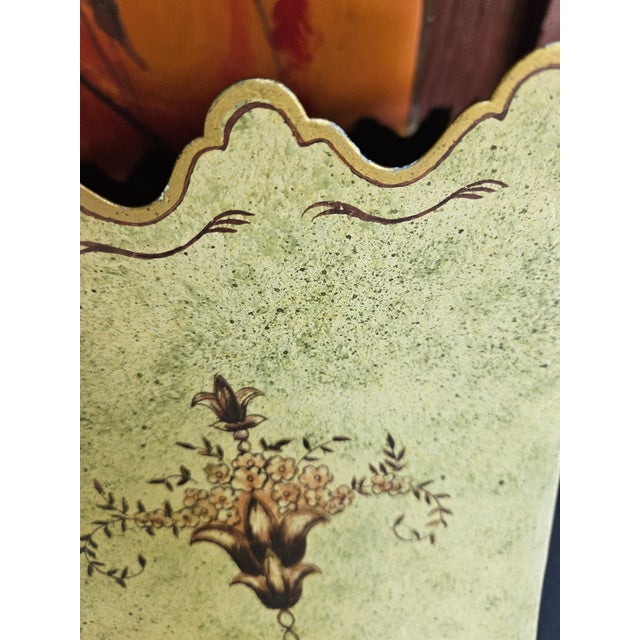 Vintage Painted Tole Scalloped Top Wastebasket For Sale - Image 4 of 4