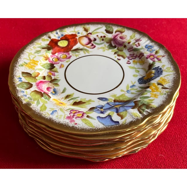 Set of 8 small English fine bone china floral 6 7/8" porcelain plates by Hammersley. Each decorated with a bright band of...