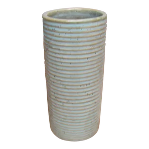 Vintage Zanesville Pottery Ribbed Stoneware Cylinder Vase with Mottled Green Glaze