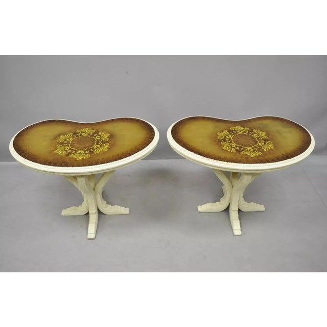Vintage Hollywood Regency Gold Leaf Glass Kidney Bean Shaped Side Tables - Pair For Sale - Image 11 of 15
