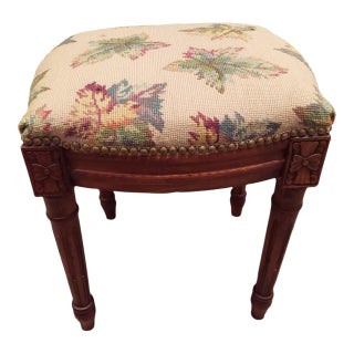 Mid 20th Century Louis XVI Victorian Floral Needlepoint French Provincial Carved Mahogany Stool For Sale