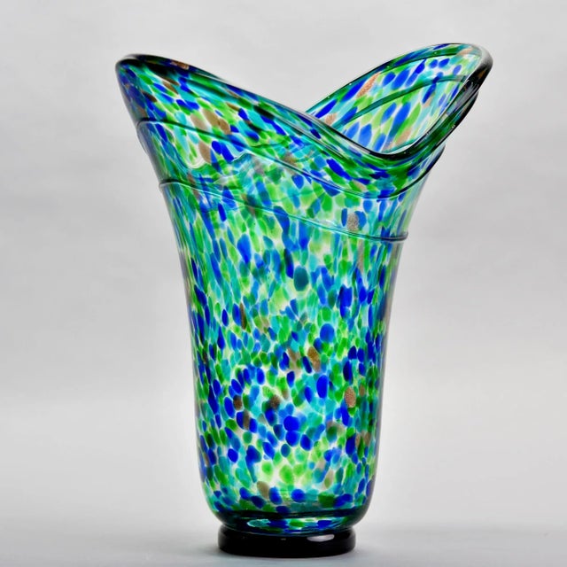 1990s Tall Vintage Blue Green Gold Splatter Art Glass Vase For Sale - Image 5 of 13
