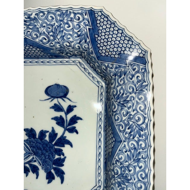 Ceramic Antique Japanese Octagonal Blue and White Porcelain Plate With Butterly and Floral Design For Sale - Image 7 of 18