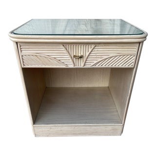 Vintage 70's Ficks & Reed Style Cerused Pencil Reed Glass Top Nightstand For Sale