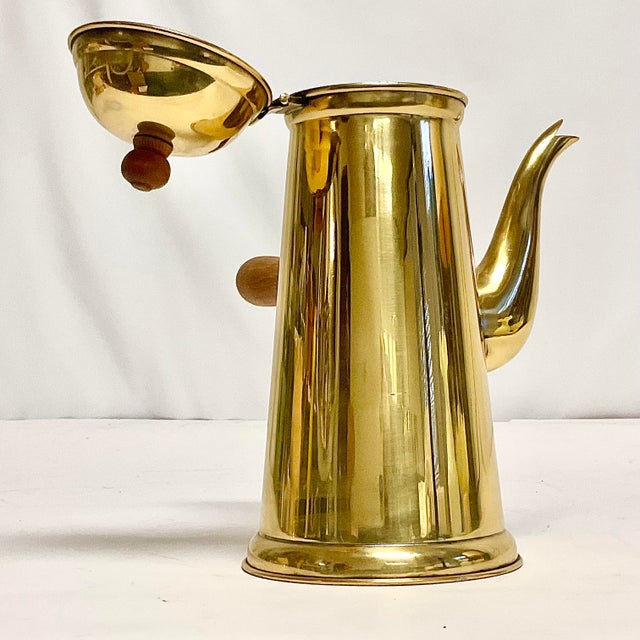 Wood Vintage English Hollywood Regency Brass Over Stainless Chocolate-Coffee Pot With Wood Handle For Sale - Image 7 of 9