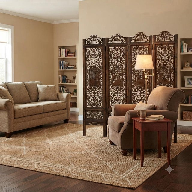 Oriental Rustic Vintage Finish Openwork Geometric 4 Panels Wood Floor Screen For Sale In San Francisco - Image 6 of 10