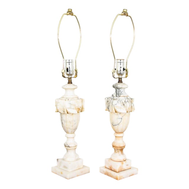 Mid Century Modern Table Lamp Set Pair Italian Alabaster Marble White Working For Sale