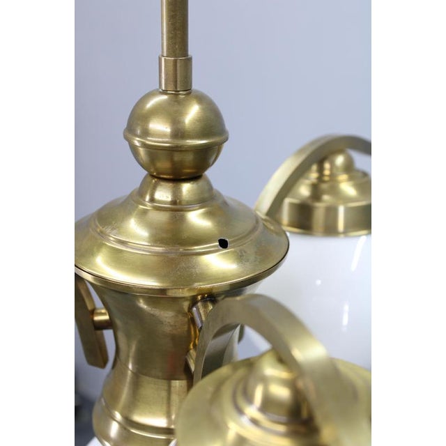1930s 1930s Czechoslovak Art Deco Brass Chandelier with Four Opaline Glass Globes For Sale - Image 5 of 14
