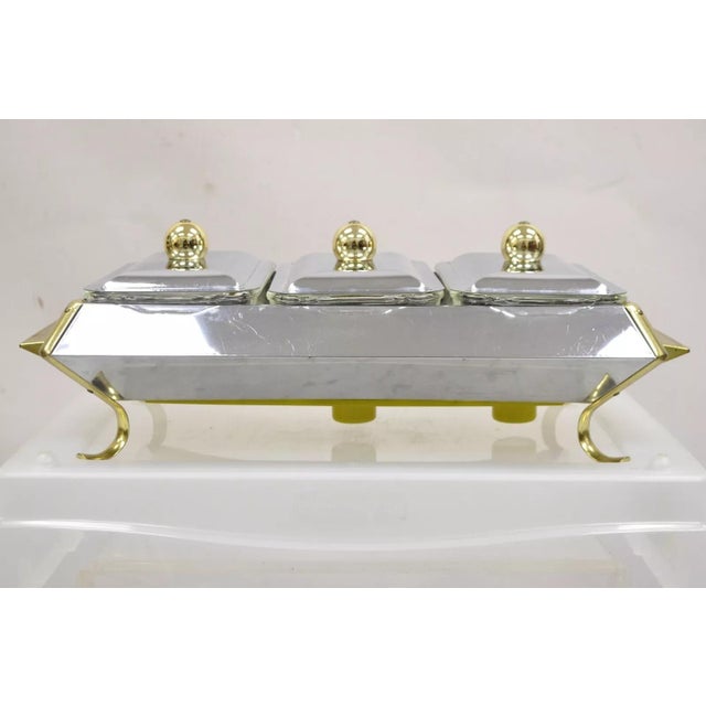 Vintage Anchor Hocking Art Deco Modern 3 Section Buffet Warmer Chafing Dish. Circa Late 20th Century. Measurements: 8" H x...
