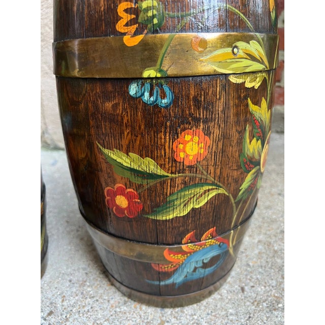 Pair Set Antique English Oak Barrel Jardinière Planter Rosemaling Hand Painted For Sale In Dallas - Image 6 of 18