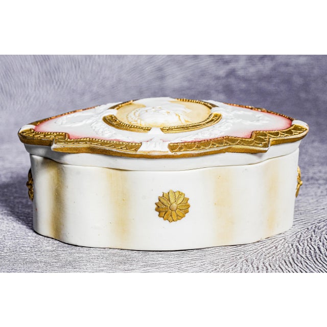 Stunning Hand Painted German Porcelain Antique Victorian Neoclassical Design Jewelry Dresser Box For Sale - Image 14 of 15