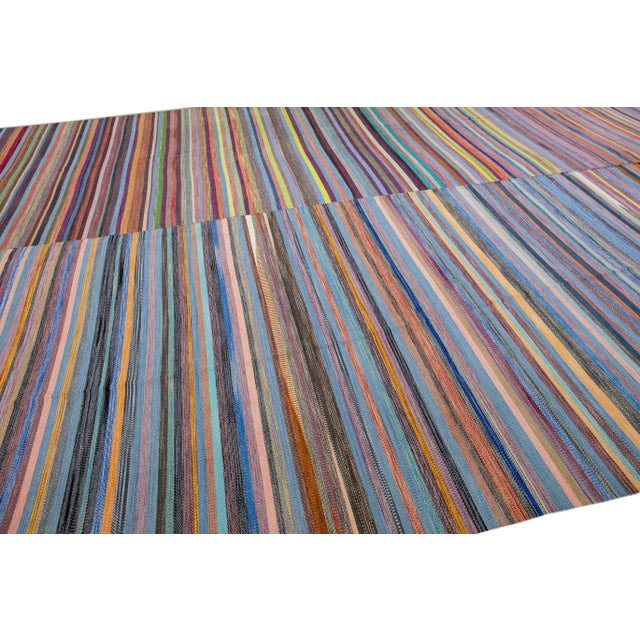Blue Modern Striped Kilim Flatweave Multicolor Handmade Wool Rug For Sale - Image 8 of 11