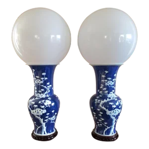 Pair of Vintage Porcelain Blue & White Plum Blossom Globe Table Lamps