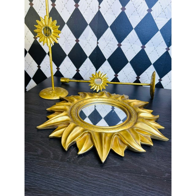 1970s Midcentury Modern Gold Sunburst Wall Mirror, Hollywood Regency-Style , 15" For Sale - Image 4 of 18
