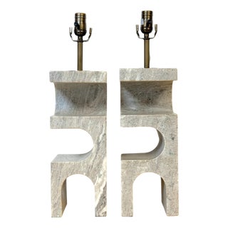 1980s Italian Sculptural Gray Marble Architectural Table Lamps - a Pair For Sale