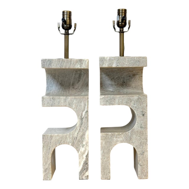 1980s Italian Sculptural Gray Marble Architectural Table Lamps - a Pair For Sale