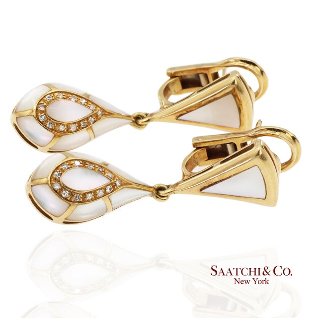 White 18k Yellow Gold 0.50 Ct Natural Diamond and Mother of Pearl Omega Back Earrings, Pair For Sale - Image 8 of 14